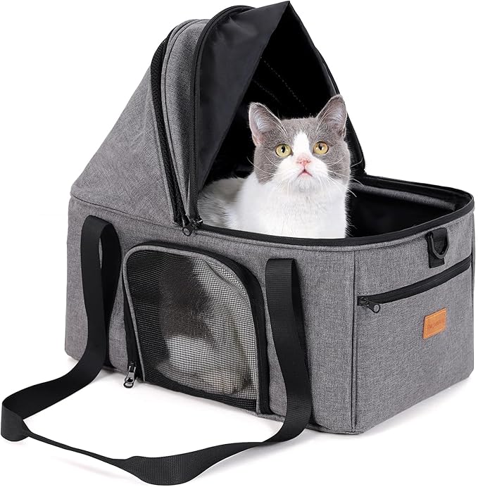 BurgeonNest Top-Expandable Large Cat Carrier, Soft Sided Cat Bag Carrier for Medium Large Pet 25 lbs, Upgrade Small Dog Car Seat, Collapsible Puppy Travel Bag with Semi-Open Mode Canopy