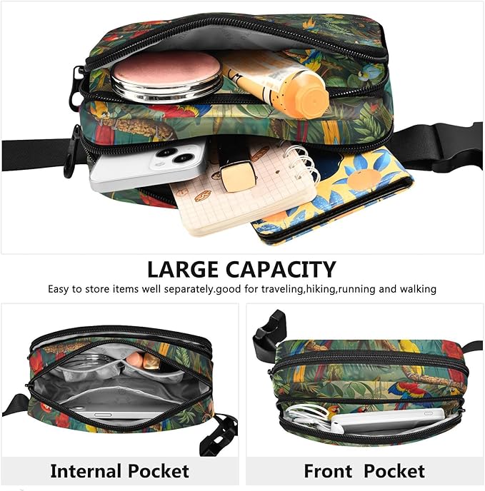 Tropical Forest Parrot Fanny Pack for Women Men Water Resistant Fashion Waist Packs with Adjustable Strap Belt Bag for Travel Workout Jogging Hiking 21220473