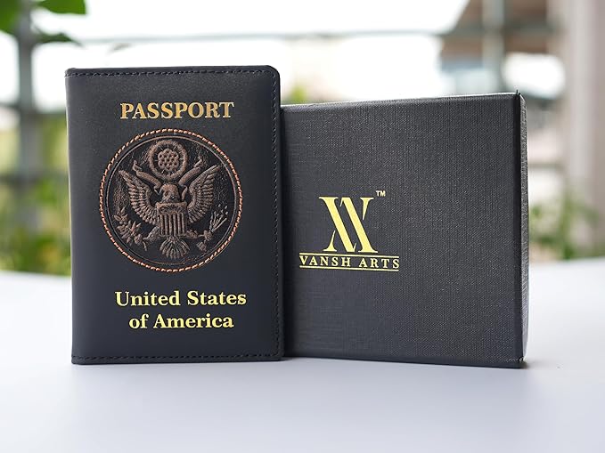 RFID Leather Passport Cover USA - Premium Travel Wallet with 6 Card Slots, ID Window, Boarding Pass Holder, Cash Compartment + Free Keychain (Black)