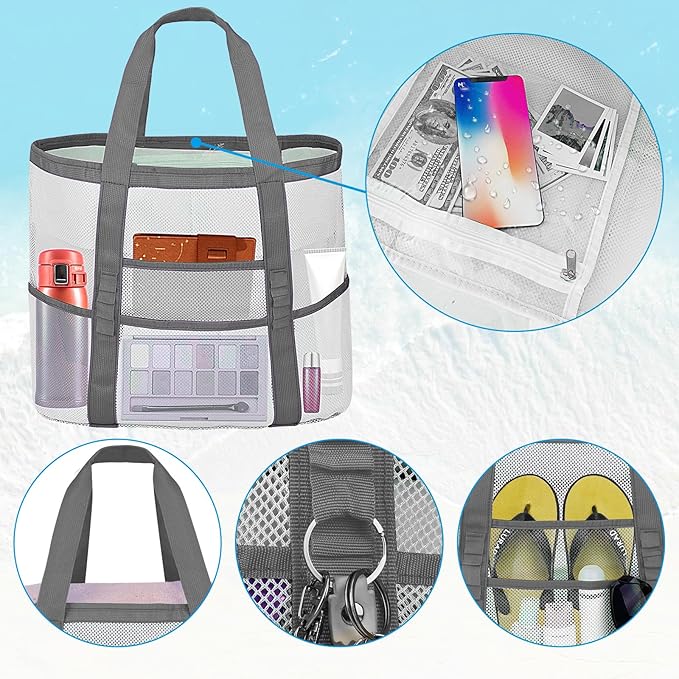 Mesh Beach Bags for Women - Family Beach Tote Bag for Toys, Towels, Travel Vacation Cruise Essentials