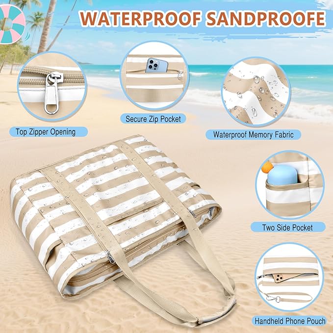Extra Large Beach Bags for Women, Waterproof Sandproof Beach Tote Bag Foldable Swim Pool Bag with Zipper and Wet Pocket