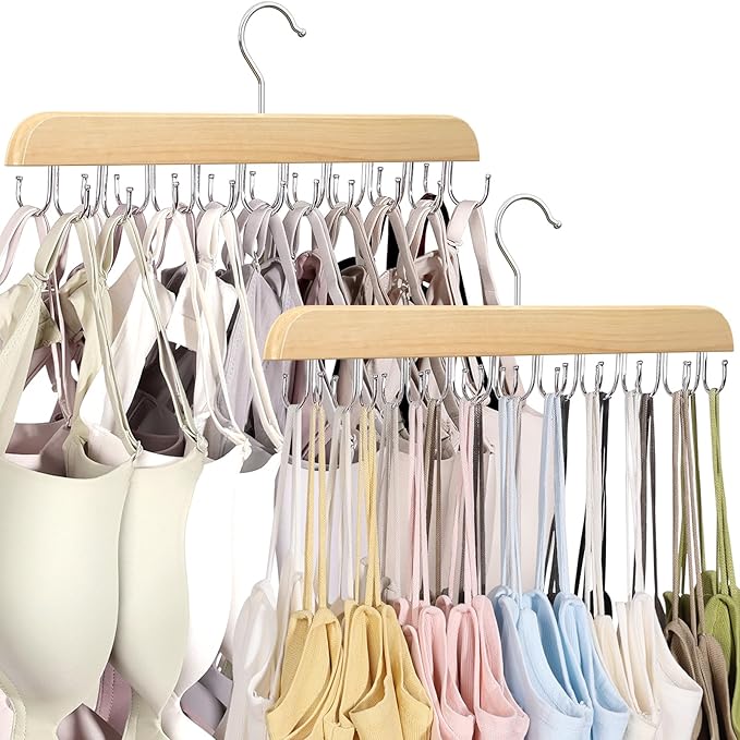 2 Pack Bra Hangers for Closet Organizer, Round Rectangle Bra Organizer with 40 Stainless Steel Hooks, Wooden Tank Top Hanger, Closet Organizers and Storage for Bras Camis Belts Ties, Natural Hanger