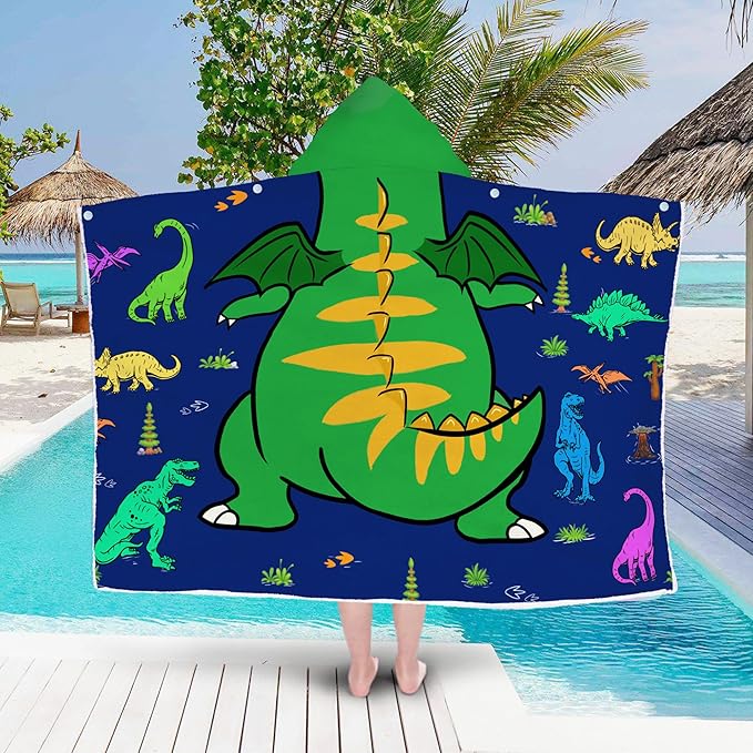 Dinosaur Hooded Beach Towel for Boys, Soft & Absorbent T-Rex Dinosaur Poncho Towel, 30”x50” Green Blue Bathrobe for Kids Cool Cartoon, Quick Dry Swim, Pool, and Bath Time