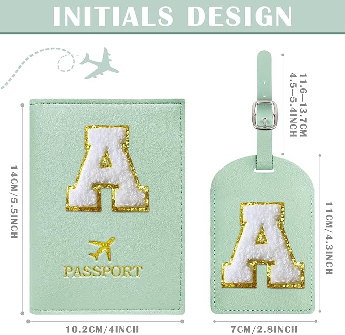 COSHAYSOO Green Passport Cover Holder and Initial Luggage Tag Set TSA Approved with Personalized Monogram Chenille Letter Patch for Women Teen Girls, Cute Travel Bag Suitcase Identifier (A)