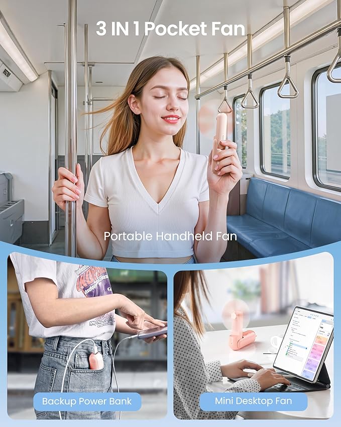 GAIATOP Portable Handheld Fan, 3 IN 1 Mini Foldable Travel Fans [17H Max Cooling Time] with Power Bank, Pocket Design USB Rechargeable for Travel Concert Lash Makeup, Summer Gifts for Women Girl, Pink