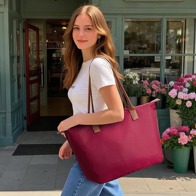 Tote Bag for Women, Nylon Top-Handle Purse with Zipper, Lightweight Foldable Shoulder Hobo Handbag