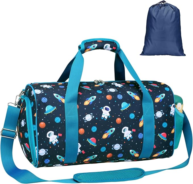 Bagseri Boys Duffle Bag for Travel - Kids Gym & Sports Bag with Shoe Compartment & Water Resistant Wet Pocket, Weekender for Camping & Sleepover (Blue Space Astronaut)