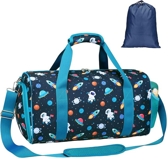 Bagseri Boys Duffle Bag for Travel - Kids Gym & Sports Bag with Shoe Compartment & Water Resistant Wet Pocket, Weekender for Camping & Sleepover (Blue Space Astronaut)