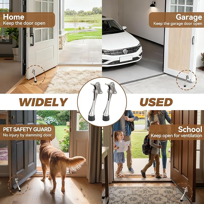 Kickdown Door Stopper 5Inches - 2 Packs One Touch Adjustable Height Door Stop for The Bottom of Door The Bottom of Door Aluminum Alloy Metal Door Stopper with Rubber Tip Silver Gray