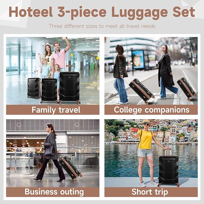 Hoteel Luggage Sets 3 Piece with Spinner Wheels TSA Lock (4-YEAR WARRANTY), Durable Carry On Suitcase Luggages, Wet-Dry Separation Compartment, ABS Hardshell for Travel, School, Black(20/24/28in)
