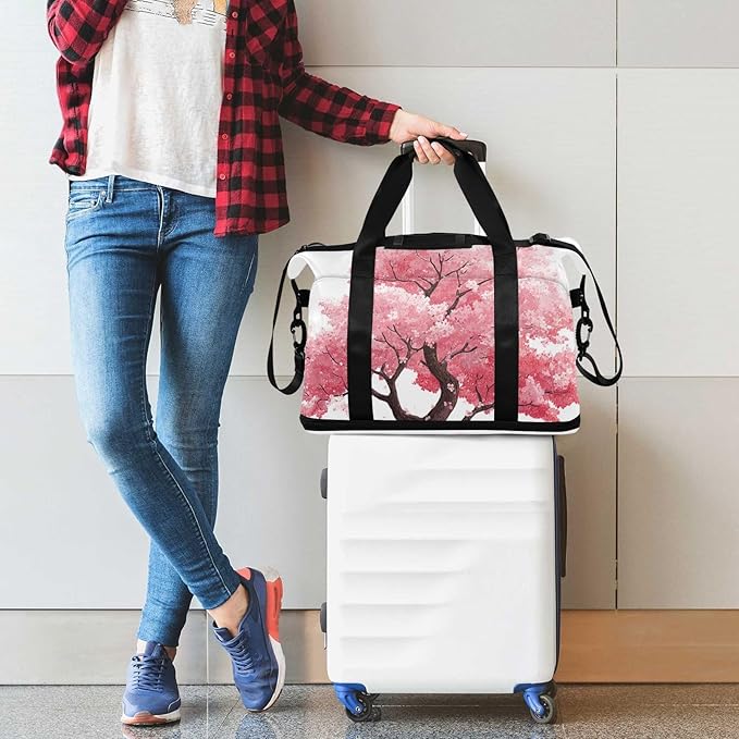 Travel Duffel Bags for Women Vibrant Pink Cherry Blossom Tree Sports Duffel Bags Gym Bags with Shoes Compartment Tote Bag Weekender Bag for Travelling