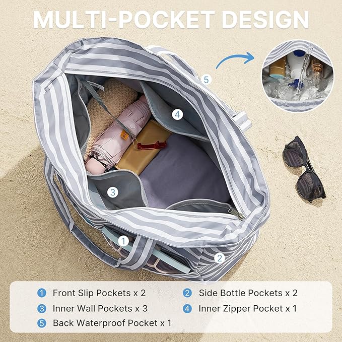 G4Free XL Beach Bag Waterproof Sandproof, Large Foldable Beach Tote with Zipper for Women, Pool Travel Swim Grocery Tote Bag