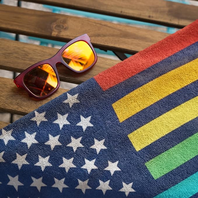 Neon Pride Flag Beach Towel 30”x60” - Soft Cotton Velour, Highly Absorbant, Quick Dry, Easy-Pack for Spring Break, Vacation, Beach, Pool - Lightweight, Compact for Travel - Novelty LGBTQ Gift