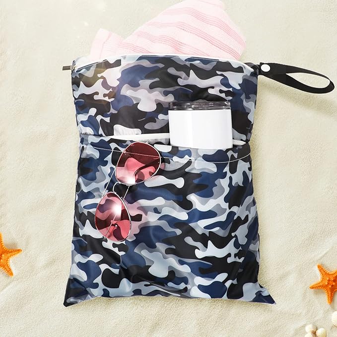 Frienda 4 Pieces Wet Dry Bag for Baby Waterproof Reusable Washable Diaper Bag Sealed with Handle for Travel, Beach, Swimsuit, Diapers, Dirty Gym Clothes and Toiletries (Camouflage)