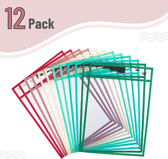 Mr. Pen- Dry Erase Pocket Sleeves, 10"x14", 12 pcs, Colorful Dry Erase Sleeves, Plastic Sleeve for Paper 8.5x11