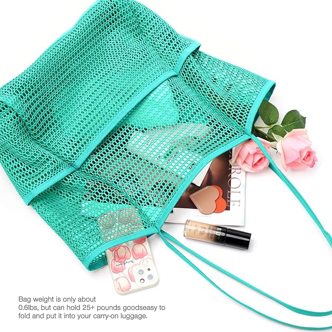 KPX Beach Bag with Mini Pocket, Beach Tote Bags for Women Large Foldable Mesh Swimming Pool Travel Bags - Sandproof