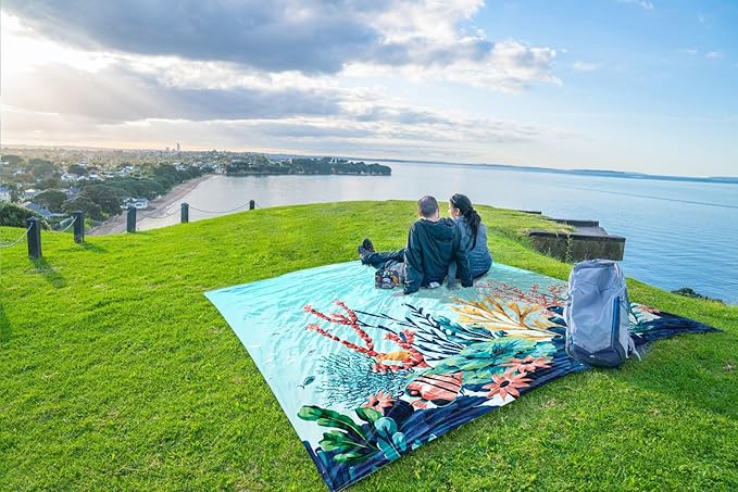 WEKAPO Beach Blanket Waterproof Sandproof Oversized, Extra Large Beach Mat Sand Free, Lightweight & Compact Sand Free Mat with 6 Stakes & 4 Corner Pockets