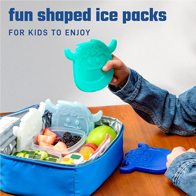 Fit & Fresh Kids Lunch Box Coolers, Slim Shaped Ice Packs for Lunch Bags, Reusable Multicolored Yeti Shape 4PK