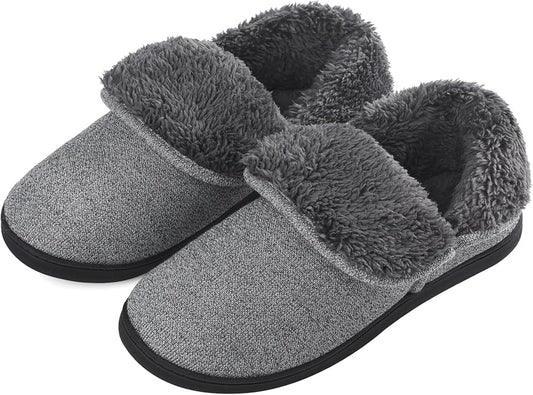 Men’s Knit Bootie Slippers Warm Fold-Over Ankle Collar Plush Fleece Lined Memory Foam House Shoes Cozy Winter Non-Slip Indoor Outdoor Slippers for Men
