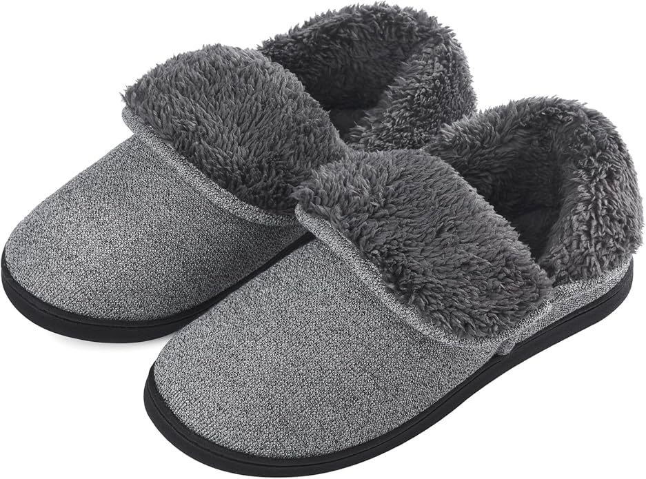 Men’s Knit Bootie Slippers Warm Fold-Over Ankle Collar Plush Fleece Lined Memory Foam House Shoes Cozy Winter Non-Slip Indoor Outdoor Slippers for Men