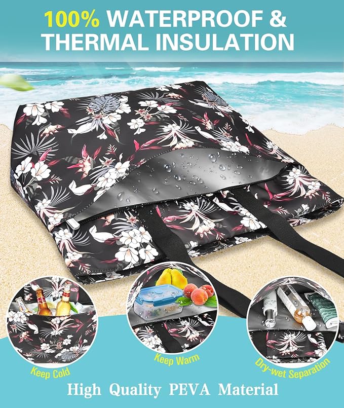 HUANLANG Large Beach Bags for Women Pool Bag with Zipper, Waterproof Sandproof Beach Tote Travel Bag with Wet Pocket | Waterproof, Large capacity, Dry/wet separation, Durable fabric, Cooling function, sandproof
