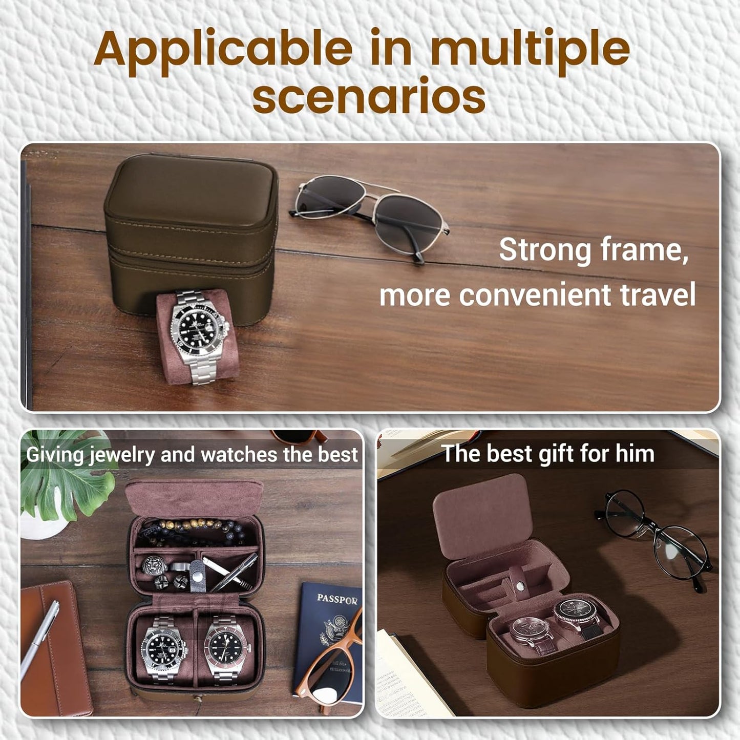CONBOLA 2 Watch Travel Case for Men with Accessory Compartment,Compact Watch Box for Men Jewelry Case with Microsuede Interior,PU Leather Protect Fits Watches & Smartwatches Up to 55mm. (Brown)