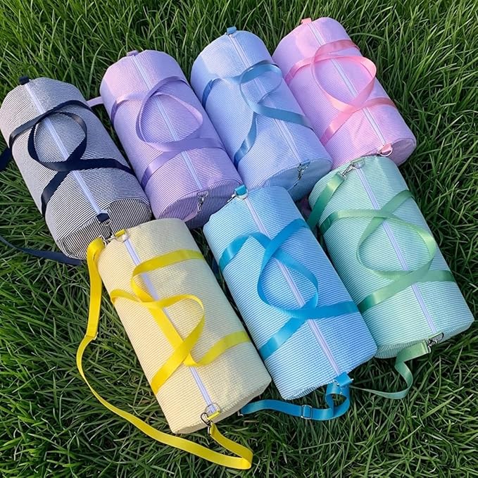 Personalized Seersucker Duffle Bag for Girls, Custom Dance Bag with Embroidered Name,Overnight Bag Ballet Gym Weekender Travel Bag