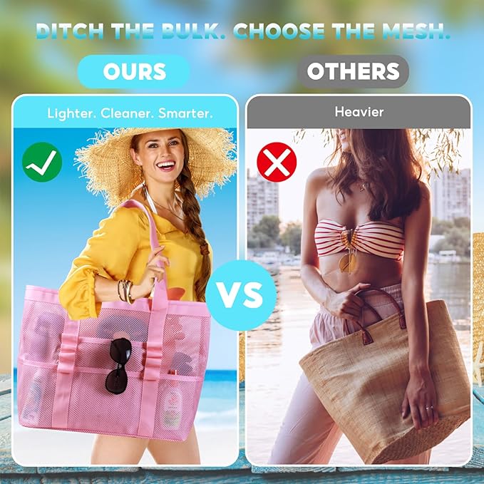 Large Mesh Beach Bag – Lightweight Beach Tote with 9 Pockets, Beach Bag for Women, Men, Family Essentials