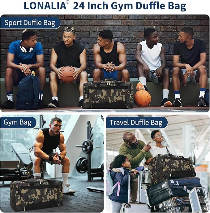 24 inch Gym Duffle Bag with Shoe Compartment - 55L Mens Gym Bag for Sport Travel Workout-Camo