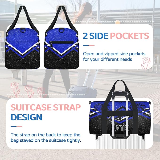 Custom Cheerleading Bag with Name, Personalized Large Sports Duffle Gym Bag for Travel, Cheerleader Royal Blue with Glitters Effect