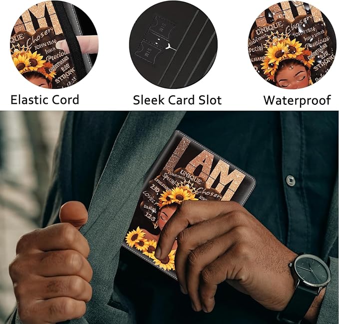 Passport Holder Women Wallet with Luggage Tag, Leather Passport Cover with RFID Blocking, Travel Accessories Multi Card Slot Passport Case for Men，Afro Woman Sunflower