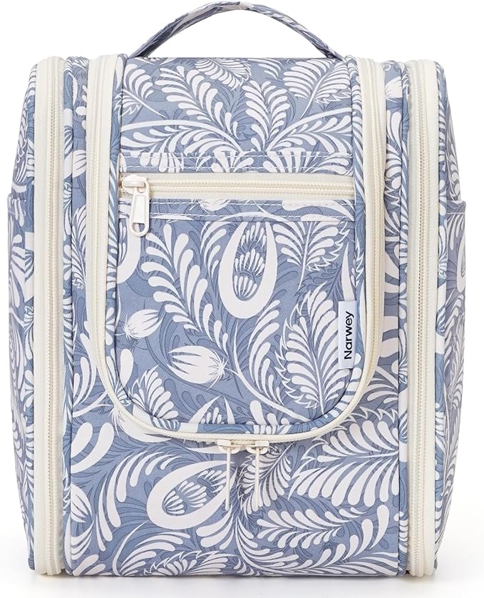 Narwey Small Hanging Toiletry Bag Women Travel Makeup Bag Organizer Toiletries Bag for Travel Size Essentials Accessories Cosmetics (Medium, Blue Leaf)