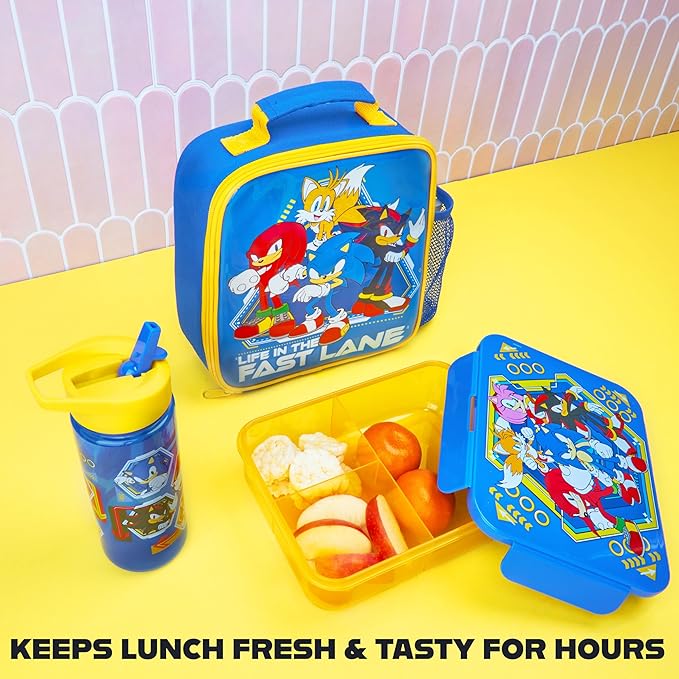 Get Trend Sonic the Hedgehog Lunch Bag, Lunch Box, Water Bottle for Kids 3 Piece Set Bento Box, Insulated Snack Container, Shadow Gifts for Kids (Multi Sonic)