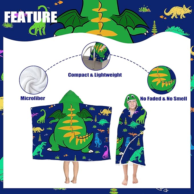 Dinosaur Hooded Beach Towel for Boys, Soft & Absorbent T-Rex Dinosaur Poncho Towel, 30”x50” Green Blue Bathrobe for Kids Cool Cartoon, Quick Dry Swim, Pool, and Bath Time