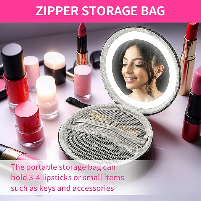 LED Makeup Mirror with Storage Pouch Portable Lighted Mirror, USB Rechargeable Travel Vanity Mirror with Waterproof Bag, 3 Color Modes, Gift for Women (Black)