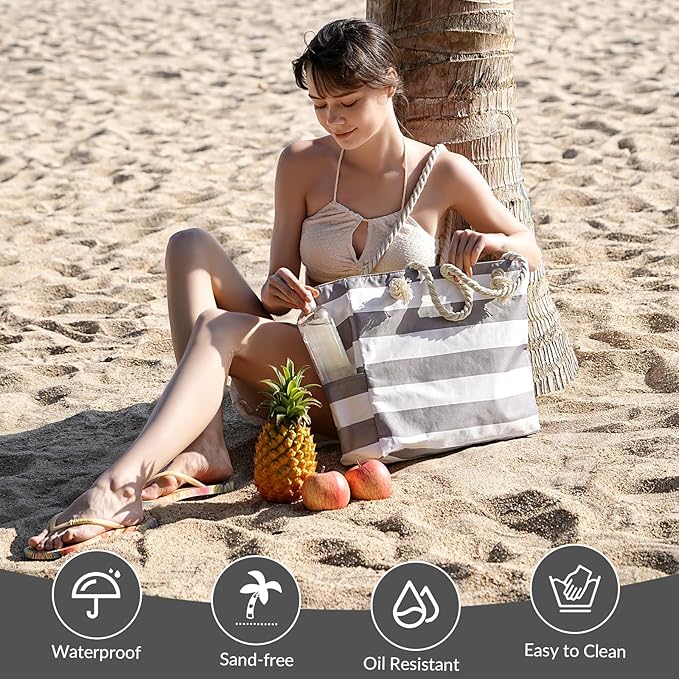 Clothirily Beach Bag for Women - Large Beach Tote Bag, Waterproof Sandproof Beach Bag with Zipper, Large Swim Pool Beach Tote