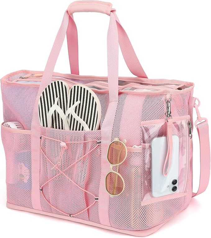Mesh Beach Bag, Foldable Extra Large Beach Bags with Zipper Pool Bag with Portable Phone Pouch for Vacation Pool