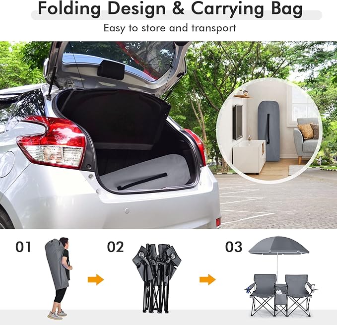 KOTEK Double Camping Chair, Folding Camp Chair with Removable Umbrella, Cup Holders, Cooler Bag, Side Pocket & Carry Bag, 2-Person Beach Chair for Outdoor, Sports, Concerts, Travel, Picnic (Grey)