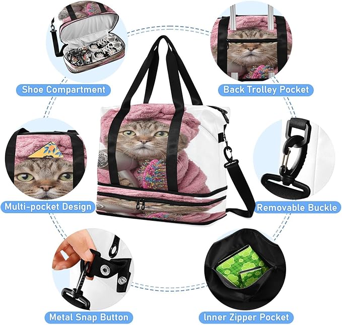 Travel Duffel Bags for Women Cute Cat with Pink Towel & Hair Dryer Sports Duffel Bags Gym Bags with Shoes Compartment Tote Bag Weekender Bag for Travelling
