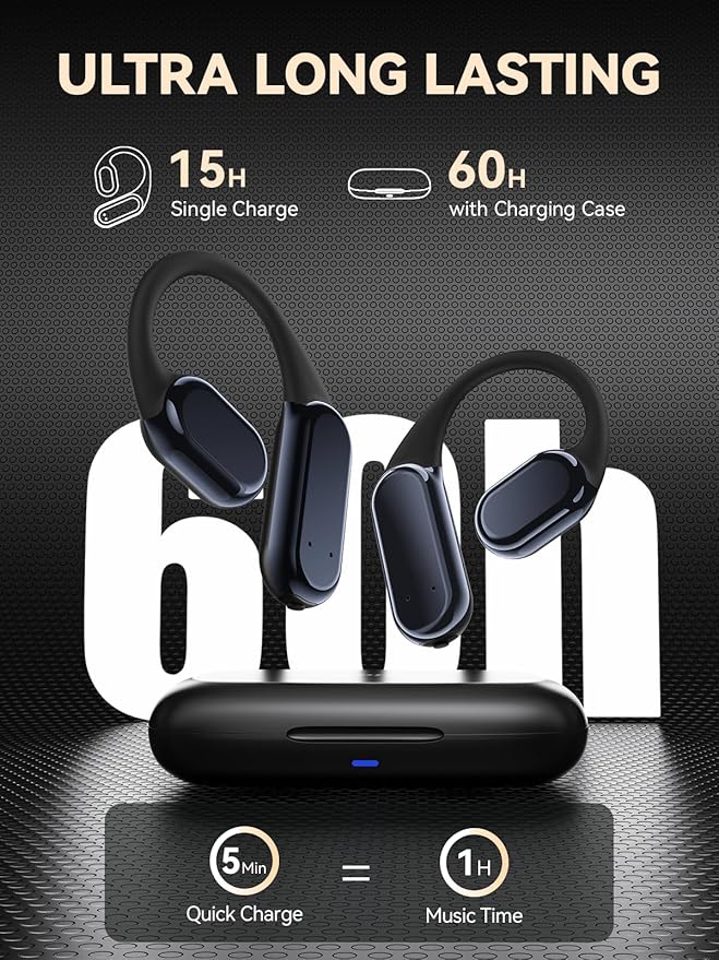 True Wireless Bone Conduction Earphones, OWS Open Ear Headphones with Earhooks, Bluetooth 5.3, Up to 60H Playtime with Case, IP68, AAC/SBC, for Cycling Yoga Workouts