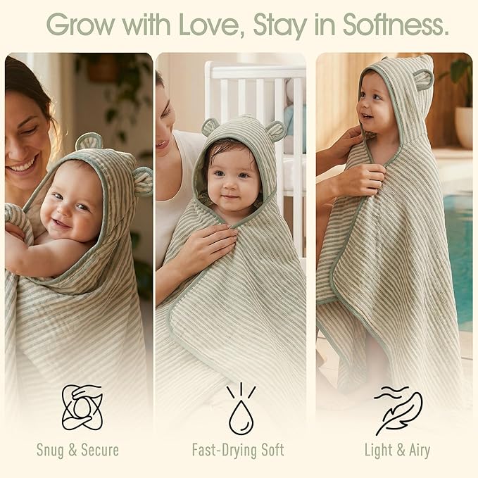 Ultra-Soft Muslin Toddler Hooded Towel – 55 x 28 Inches, Made with Organic Cotton, Gender-Neutral Sage Green Striped Jacquard Pattern, Ideal for Bath & Beach, Newborn to Toddler