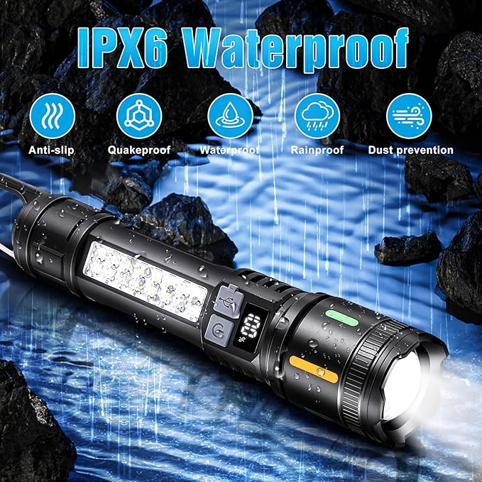 Rechargeable Led Flashlights High Lumens - 3000lm Super Bright Tactical Flashlight With Cob Sidelight And Hook, 5 Light Modes, Ipx6 Waterproof, For Camping, Repairs, And Home Emergencies. （2 Pack）