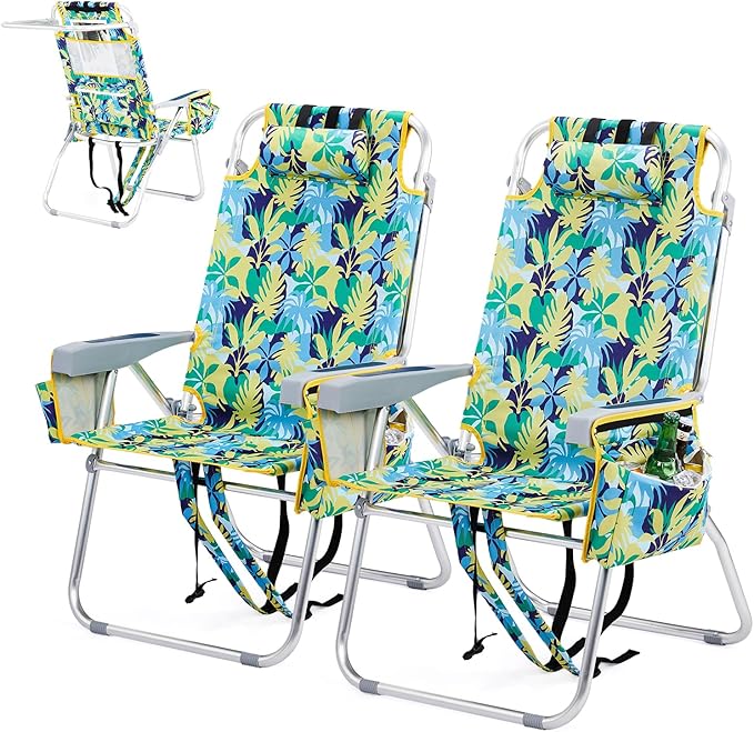 VINGLI Tall Beach Chair 2 Pack Lightweight, Backpack Beach Chair for Adults with 5-Position, Cooler Bag, Cup Holders, Towel Bar, Lightweight Folding Beach Camping Chairs
