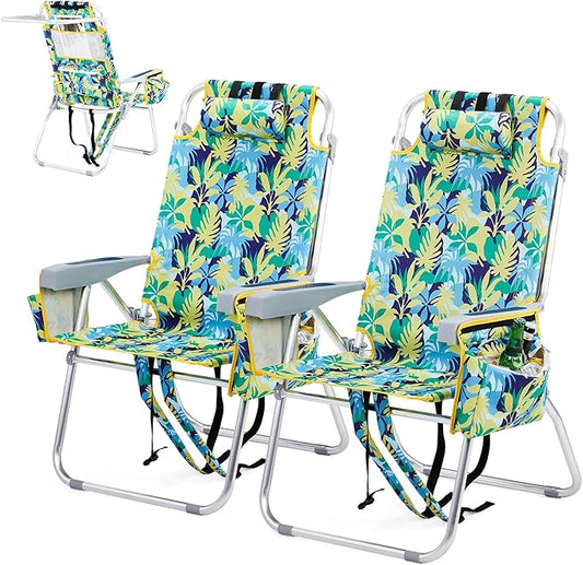 VINGLI Tall Beach Chair 2 Pack Lightweight, Backpack Beach Chair for Adults with 5-Position, Cooler Bag, Cup Holders, Towel Bar, Lightweight Folding Beach Camping Chairs