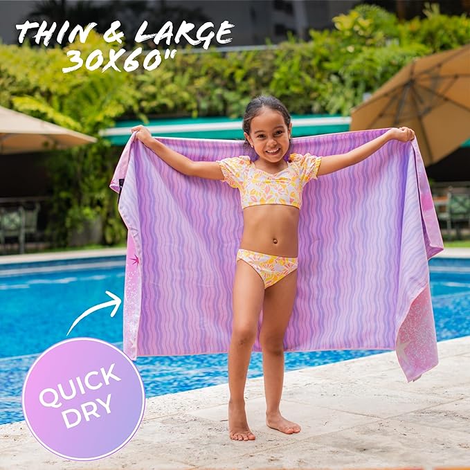 Kids Beach Towel – Quick-Dry Microfiber Pool Towel, Thin, Sand-Free, Perfect for Camping, Travel, Summer Camp, Cruise Essentials – Unicorn, Purple, 30" x 60"