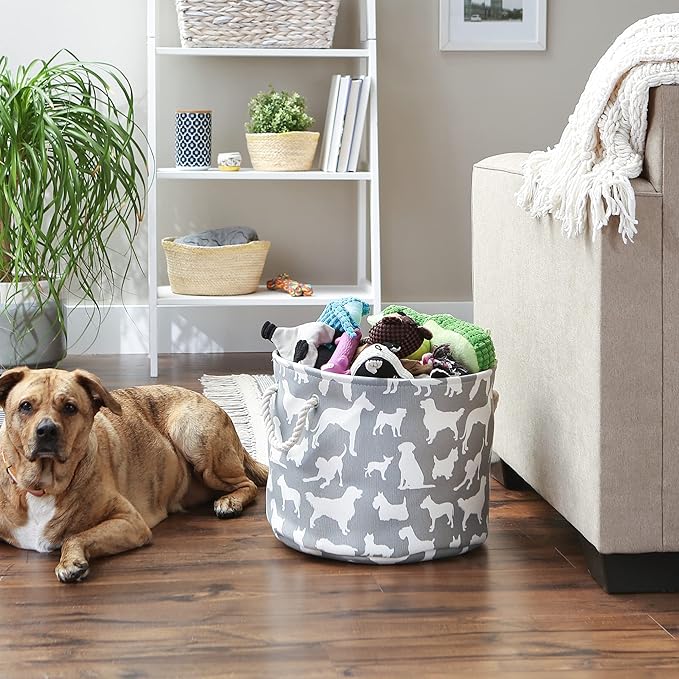 Bone Dry Pet Storage Collection Collapsible Bin, Medium Round, 12x15, Gray Dog Show Print