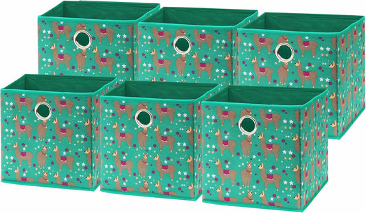 SIMPLE HOUSEWARE 10-Inch Collapsible Fabric Cube Storage Bin with Handles, Printed Design, 6 Pack, Green