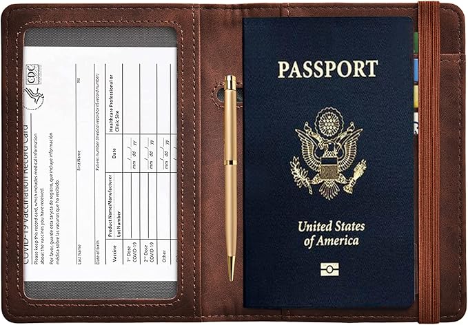 HerriaT Passport and Vaccine Card Holder Combo,Cover Case with CDC Vaccination Card Slot, Leather Travel Documents Organizer Protector, with RFID Blocking, for Women and Men