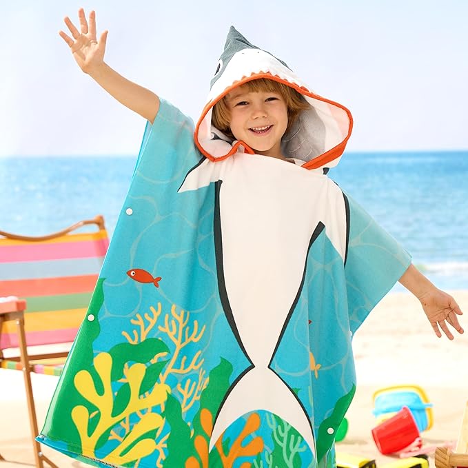 Joiedomi Kids Beach Towels with Hood for 3-10 Years Boys Girls Shark Hooded Toddler Bath Towel Poncho Absorbent Quick Dry Soft Microfiber Swim Robe with Backpack Lightweight 30"x30" for Beach Pool