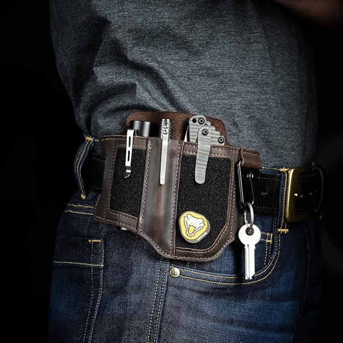 VIPERADE PL3 Multitool Sheath, Leather Sheath with DIY Patch Area, EDC Pocket Organizer for Men, Leatherman Sheath Flashlight Holder with Pen Holder, EDC Belt Organizer with Key Holder (A-Dark Brown)